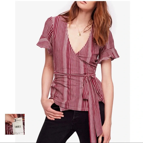 Free People Tops - Free People NWT Wine Wrapped Around My Finger Cotton Striped Wrap Top